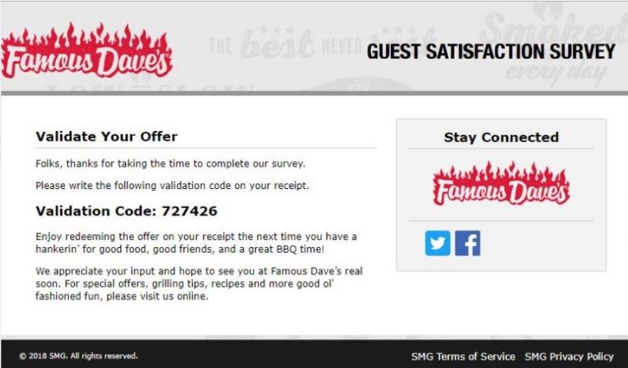 famous dave's customer satisfaction survey